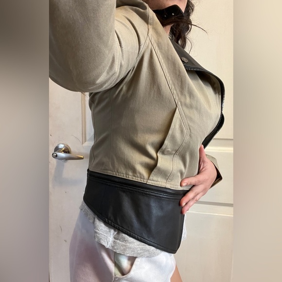 DOMA Moto Jacket CONVERTIBLE Leather Khaki Panel Zipper Coat Cropped Blazer Top - Picture 6 of 17
